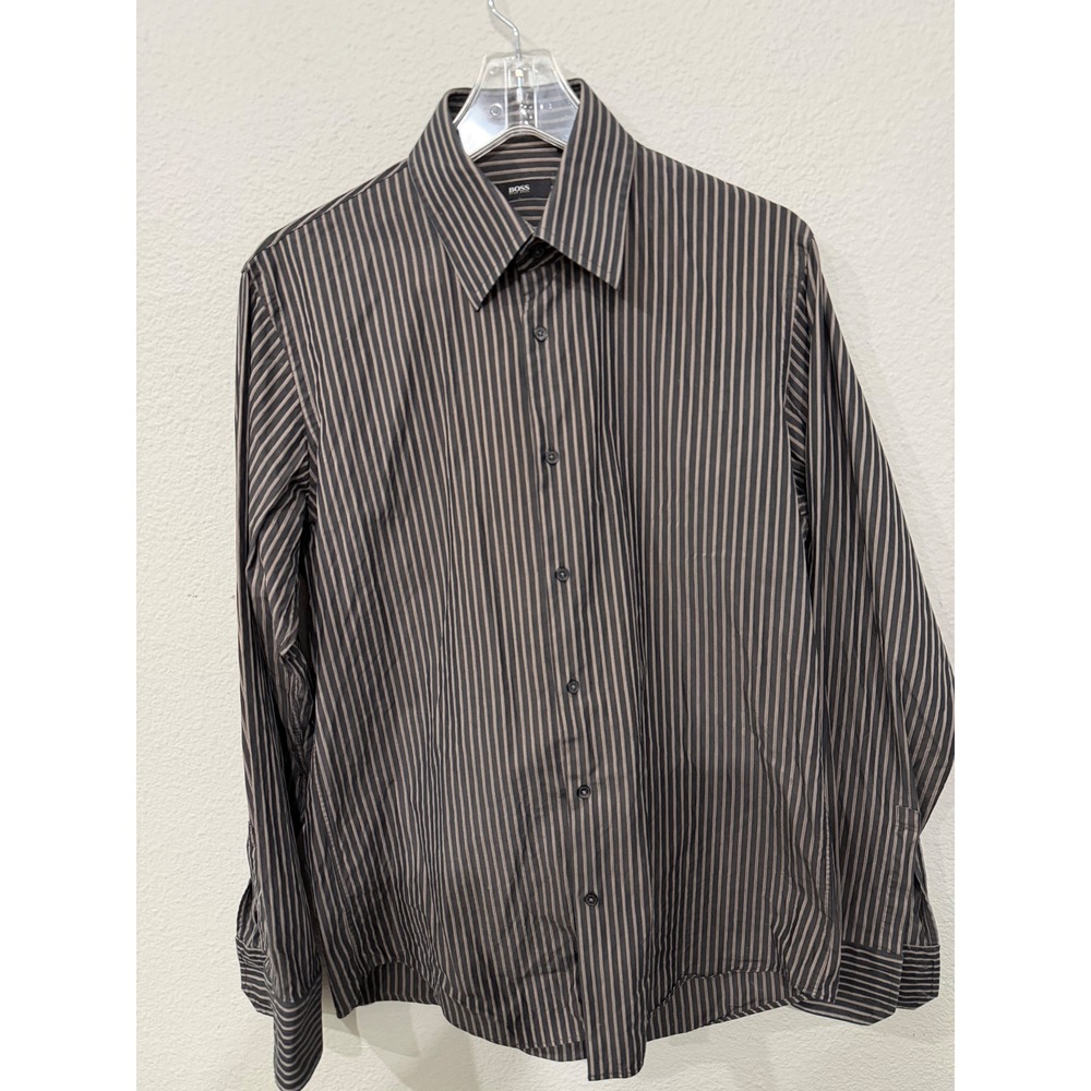 Hugo Boss Mens Black Tan Pinstripe‎ Long Sleeve Button Down Dress Shirt
